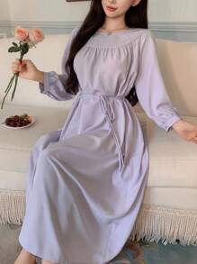 DAZY 简约纯色褶皱灯笼袖女式休闲连衣裙家居服、秋季睡衣 - 淡紫色 - 查看 4