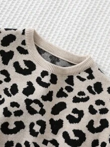 Cozy Pixies 女婴豹纹柔软针织圆领长袖套头衫，百搭家居和休闲装，秋冬 - 彩色 - 查看 4