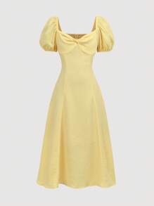 SHEIN 女童浅蓝色格子方领泡泡袖收腰A字长款短袖连衣裙