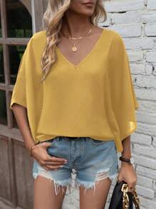SHEIN LUNE Áo sơ mi nữ tay cánh dơi cổ chữ V rộng rãi thường ngày - Màu vàng - Xem 4