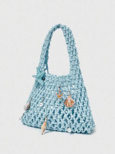 Fairycore 1pc Deep Blue Ocean Woven Beach Bag, Vacation Style, DIY Accessory For Women, Includes 1 Bag And 1 Set Of Accessories, Suitable For Spring/Summer