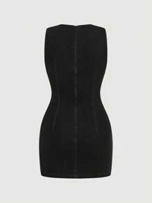 SHEIN MOD Casual Elegant Women Denim Dress, For Outdoor - Black - View 2