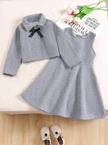 SHEIN 女童优雅灰色连衣裙外套套装，都市风秋冬款 - 灰色 - 查看 4