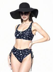 ROMWE Goth Bộ bikini xẻ tà họa tiết đầu xương và côn trùng chắp vá toàn thân dành cho kỳ nghỉ hè trên bãi biển dành cho nữ - Đen và trắng - Xem 5