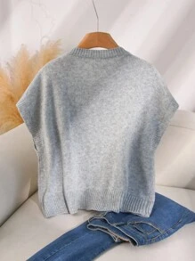 CosyJoli 女士加大码圆领无袖灰色针织毛衣，胸前 3D 花卉设计，休闲时尚套头衫，适合通勤和日常穿着，2025 年新品 - 灰色 - 查看 4