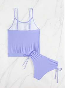Swim Lushoire Solid Color Spaghetti Strap Tankini Swimsuit Set For Vacation And Beach For Summer - Purple - View 4