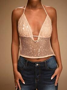 SHEIN BAE Áo hở lưng sequin gợi cảm cho nữ, mùa hè - Màu Khaki - Xem 6