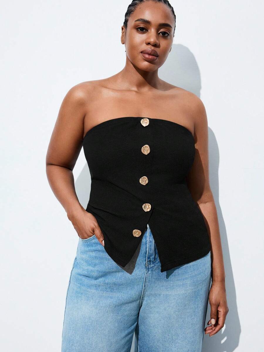 Maija Plus Size Casual Black Knitted Strapless Top With Gold Button Details For Women Plus Size Plus Size Tube Tops Curve Tube Top Strapless Tops Plus Size Strapless Top Tube Top Fall Women Clothesback To School Clothes Homecoming Modest Vintage Clothes Women Old Money Teacher Outfits For Women Going Out Tops Women Business Casual Woman Fall Clothes Plus Size Date Night Outfits Women Business Casual Woman Curve, Christmas Women's Clothing