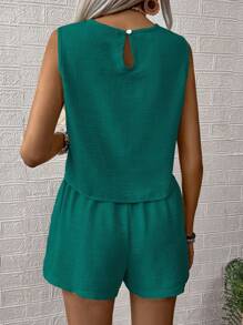 EMERY ROSE 2件套女士休闲纯色背心和短裤套装 - 墨綠色 - 查看 2