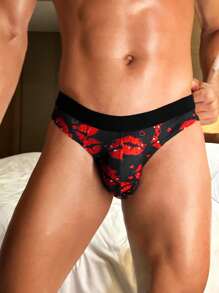 男士性感全印花红唇图案内裤 - 黑色 - 查看 3
