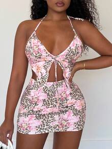 Alexandranx 2 chiếc/bộ áo hở lưng cổ chữ V in họa tiết hoa báo cho nữ và chân váy mini nhún bèo, thiết kế dự tiệc gợi cảm cho kỳ nghỉ thường ngày vào mùa xuân và mùa hè - Nhiều màu - Xem 3