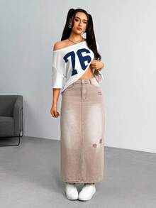 SHEIN EZwear 女式侧袋做旧长款直筒休闲牛仔中长裙 - 咖啡棕 - 查看 6