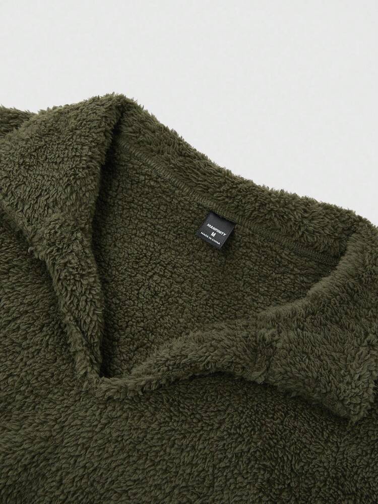 Claim Dot 男士时尚休闲舒适套头卫衣两件套，宽松版型，双面抓绒面料，柔软舒适，半拉链剪裁领口设计，适合日常、派对、运动、购物和休闲场合。男士橄榄绿抓绒两件套，男士绿色两件套，男士羊羔绒两件套，男士羊羔绒套装 - 軍綠色 - 查看 7