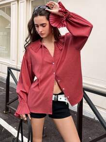 Chiquease V-Neck, Accordion Pleats, Tie-Neck Long Sleeve Blouse - Watermelon Pink - View 1