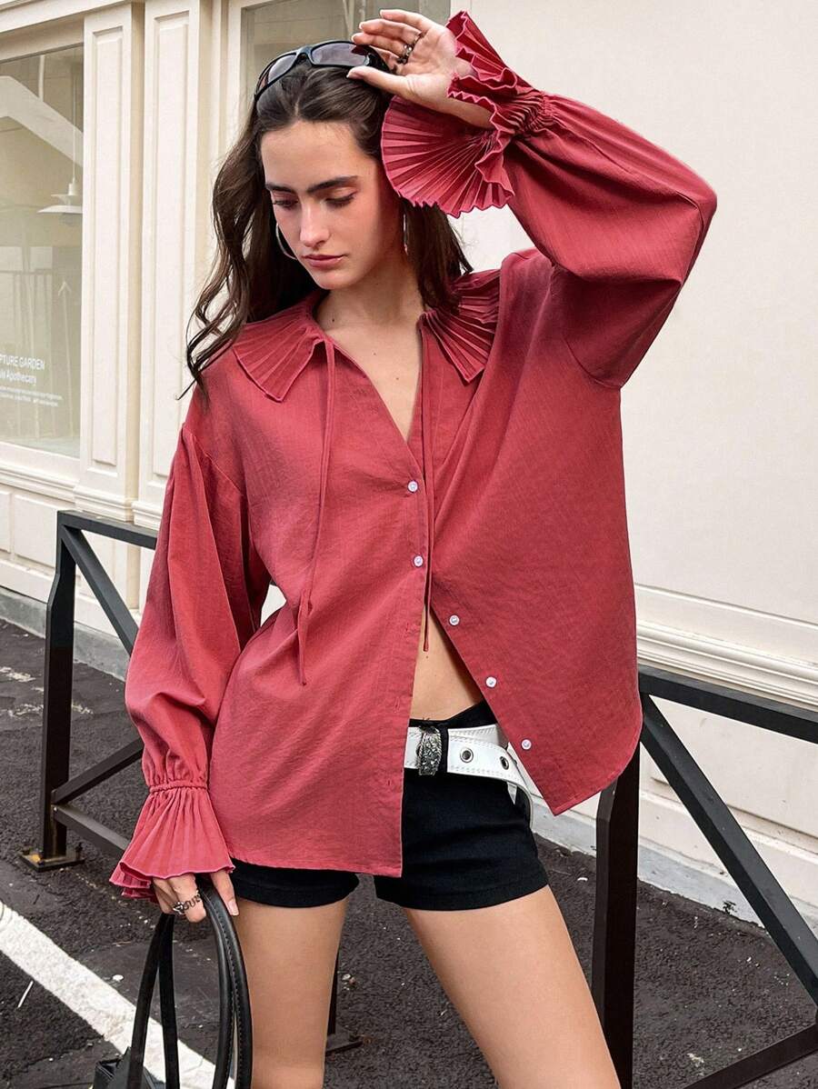 Chiquease V-Neck, Accordion Pleats, Tie-Neck Long Sleeve Blouse - Watermelon Pink - View 1