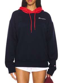 Champion 女士撞色抽绳连帽长袖落肩宽松休闲连帽衫 - 藏蓝色 - 查看 1