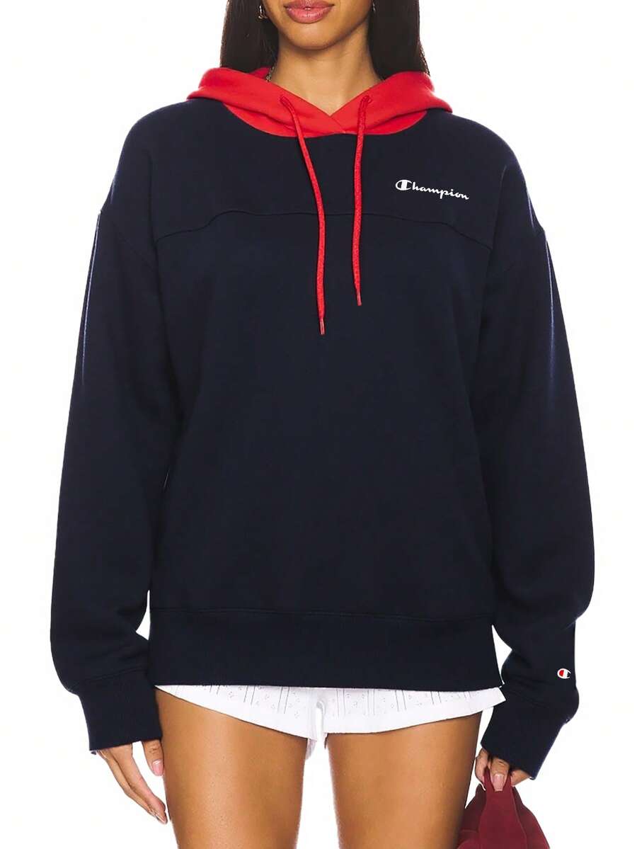 Champion 女士撞色抽绳连帽长袖落肩宽松休闲连帽衫 - 藏蓝色 - 查看 1