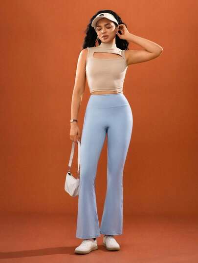 Hanevo High-Waisted Plain Color Flared Yoga Pants, Versatile & Minimalist Fall Cloth For Women