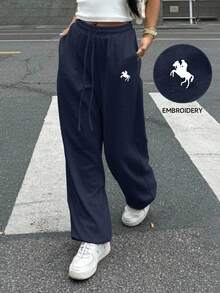 SHEIN EZwear 女士海军蓝色刺绣口袋抽绳腰部休闲运动裤 - 藏蓝色 - 查看 1