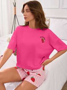 EURMUSE Cotton 2Pcs Strawberry Printed Detail Short Sleeve Shirt And Shorts PJ Set - Hot Pink - View 4