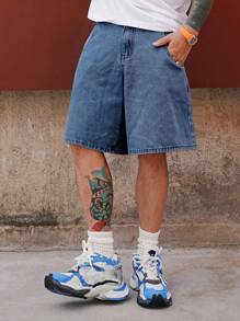 DAZY Summer Men's Solid Color Pocket Loose Fit Wide Leg Denim Shorts