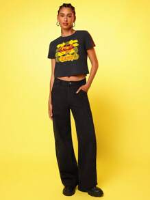 Lay's X SHEIN Women's Black Letter Graphic Round Neck Short Sleeve T-Shirt - Grey - View 3