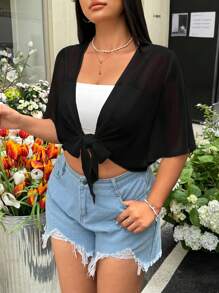 GalTyme Plus Size Black Sheer Lightweight Jacket, Minimalist Style Suitable For Summer - Black - View 3