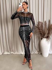 Lavishia 2pcs/Set Women Sexy Beaded Print Mesh Knit Bodycon Set - Multicolor - View 5