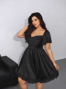 Viva Relle 大码女式春夏荷叶边袖垂领荷叶边 A 字型缎面休闲/派对迷你连衣裙 - 黑色 - 查看 8