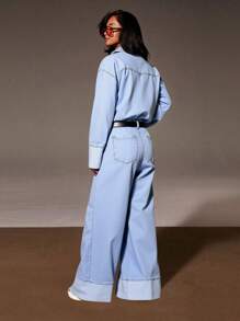 SHEIN Tall Women's Basic Fall Casual Washed Wide Leg Denim Jumpsuit Business Casual Woman Denim Jumpsuit Light Blue Denim Jumpsuit - Blue - View 2