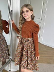 SHEIN Tween Girl Brown Color Boho Knitted Round Neck Long Sleeve Patchwork Ditsy Floral Dress, Suitable For Autumn Winter, Winter Dress For Holiday