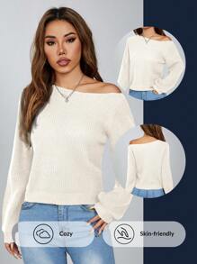 SHEIN PETITE 斜肩坑条纹套头衫女式毛衣 - 米色 - 查看 3