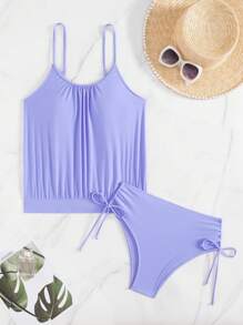 Swim Lushoire Solid Color Spaghetti Strap Tankini Swimsuit Set For Vacation And Beach For Summer - Purple - View 3