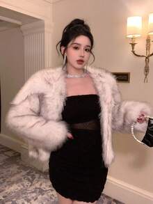 DAZY 女士翻领开襟人造毛皮外套，秋冬时尚女式外套 - 白色 - 查看 5