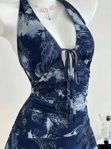 SHEIN Unity 海军蓝腰果印花低胸系带不对称下摆优雅女士度假夏装