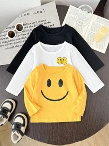 SHEIN Baby Jungen Langarm Oberteile mit Gesichtsprint, Mehrfarbig Schwarz Weiß Gelb, modisch lässig, Mehrfachpack - Verschiedenfarbig - Übersicht 2