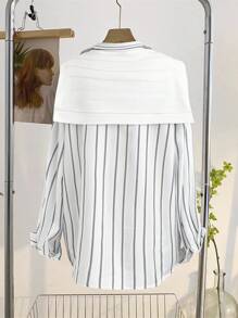 SHEIN Franclia Camisa feminina casual de manga comprida com estampa listrada e botões frontais, versátil - Cinza claro - Ver 2