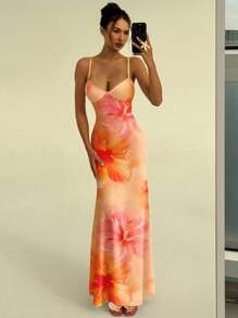 Aloruh Tropical Hibiscus Print Cami Strap Bodycon Sexy Dress, Beach, Vacation, Tropical Print Dress, Orange Summer Dress, Chill Vacation, Summer Getaway, Summer Holiday Chic Dress - Orange - View 3