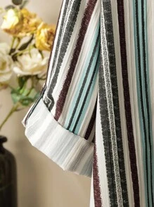 Lacomfia 2pcs Women Plus Size Casual Textured Colorful Stripe Print Long Sleeve Shirt And Wide Leg Pants Suit, Loose And Comfortable Fall Cloth For Women - Multicolor - View 5