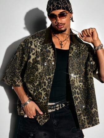 Grunge Punk Diamond Leopard Print Casual Denim Top