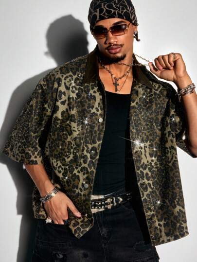 Grunge Punk Top casual in denim con stampa leopardata e diamanti