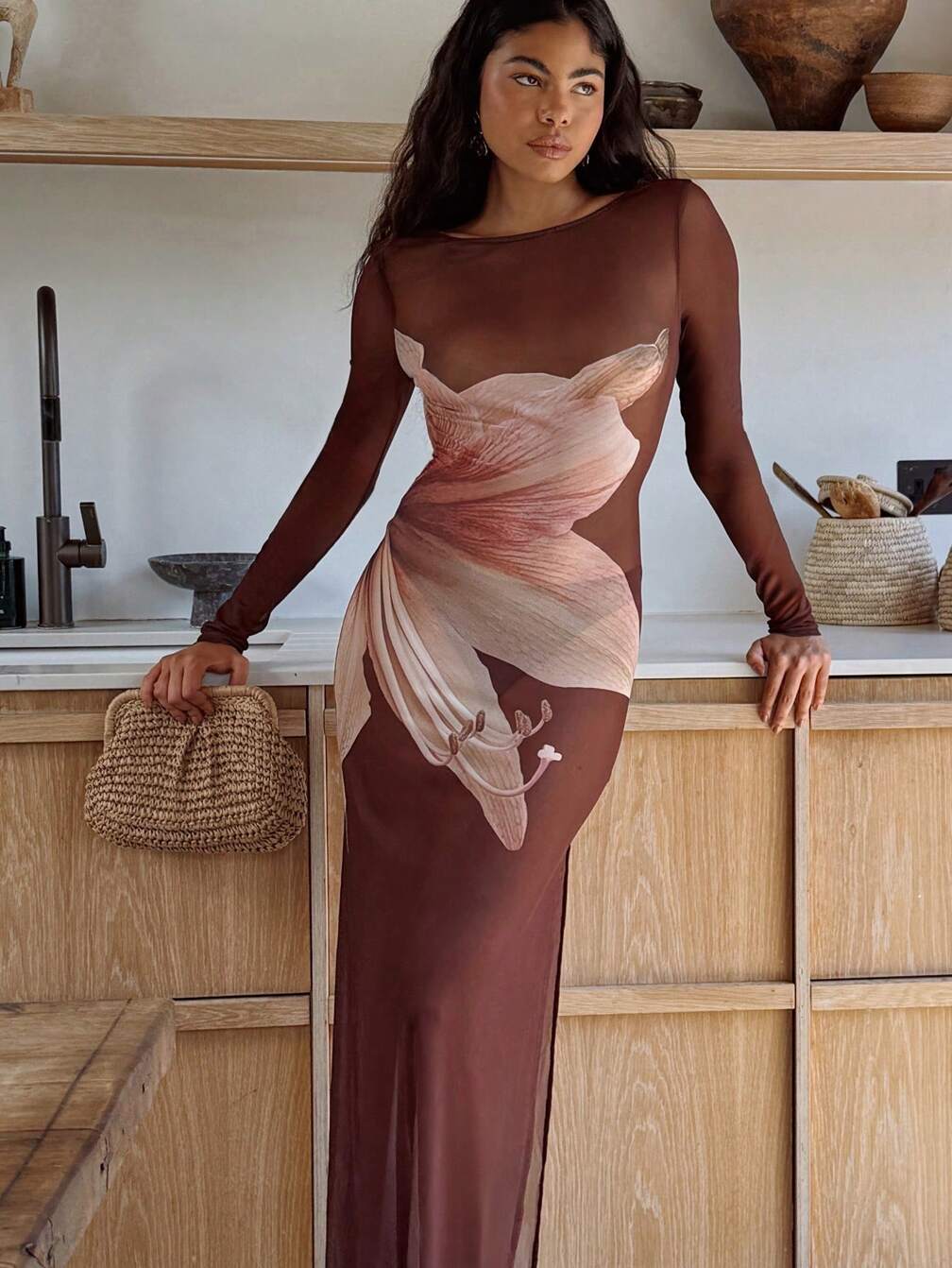 abstract mesh long sleeve maxi dress Topshop - Knit Abstract Mesh Long Sleeve Maxi Dress - Women - Viscose/Polyester - S