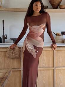 AiiRZ 长袖网眼长裙露背晚礼服抽象花卉印花婚礼招待会派对礼服正式舞会礼服 - 棕色 - 查看 1