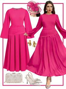 Ellevyn Plus Size Women Elegant,Formal,Wedding Ninang Dress, Pleated Flare Sleeve Maxi,Blush Pink,Autumn,Mother Of The Bride,Vintage Classy Outfits - Hot Pink - View 2