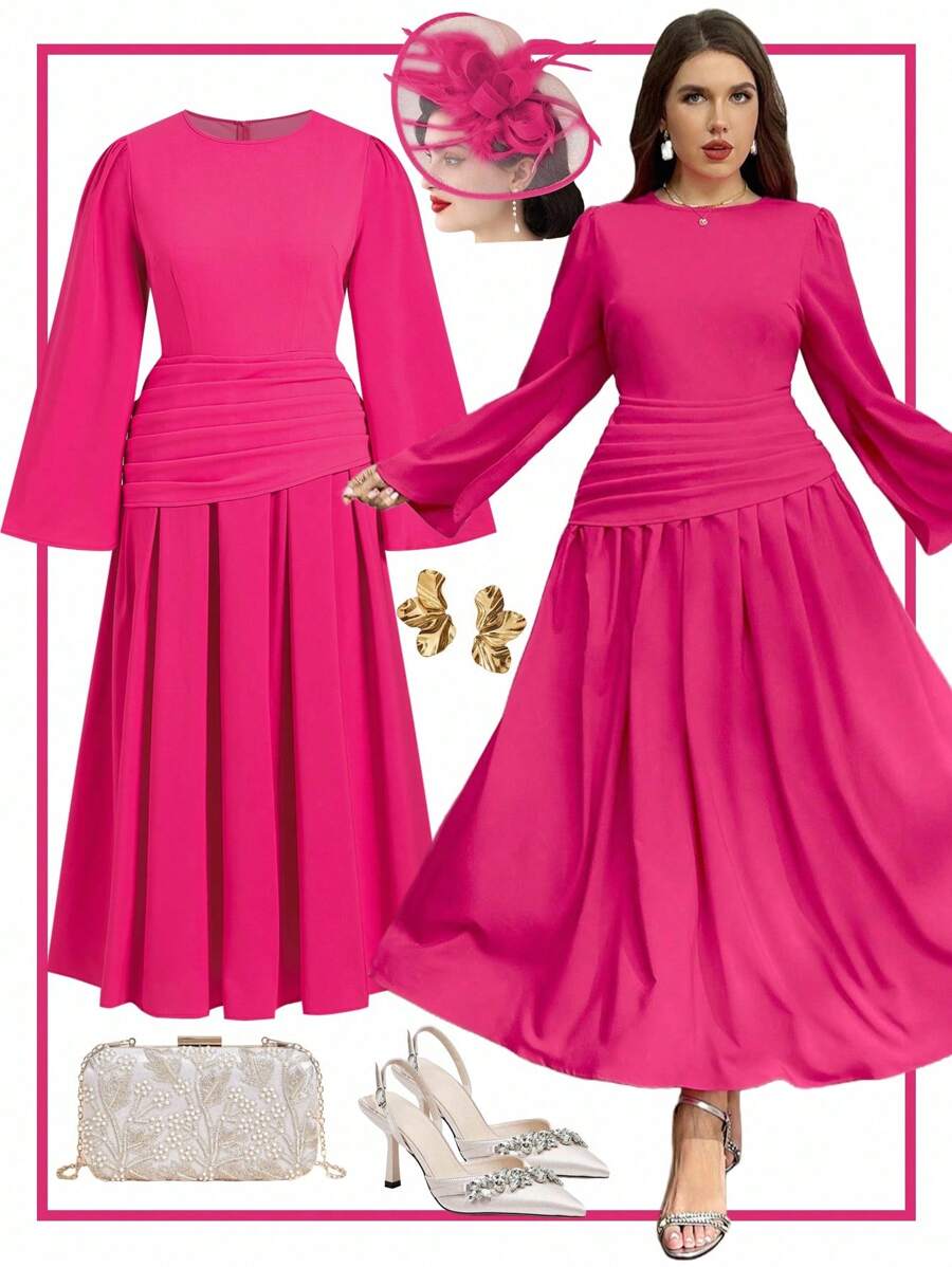 Ellevyn Plus Size Women Elegant,Formal,Wedding Ninang Dress, Pleated Flare Sleeve Maxi,Blush Pink,Autumn,Mother Of The Bride,Vintage Classy Outfits