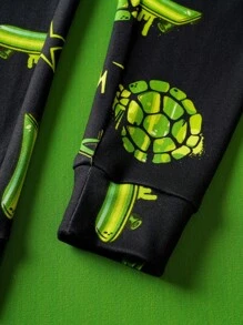 TEENAGE MUTANT NINJA TURTLES | SHEIN Young Boy Cartoon Turtle Pattern Black Tight-Fitting Long Sleeve T-Shirt & Pants Casual Pajama Set - Multicolor - View 5