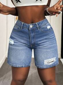 SHEIN SXY Plus Size Women Distressed Denim Skinny Sexy Shorts, Spring Spring Outfits For Women Festival Outfits Bermuda Shorts - Blue - View 3