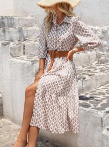 SHEIN LUNE 印花灯笼袖长裙女装 - 咖啡 - 查看 4