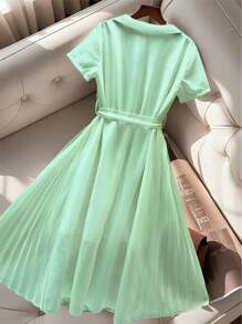 SHEIN Clasi Elegant New Fashionable French High-End Chiffon Pleat Polo Collar White Summer Short Sleeve Dress - Mint Green - View 2