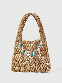 ROMWE Fairycore 1 件深蓝色海洋元素编织沙滩包，夏季假期风格，包含 1 个包和 1 套配件，适合 DIY 女士手提包 - 米色 - 查看 1